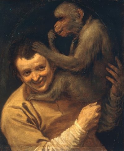 Homme avec un singe écoutant - Annibale Carracci