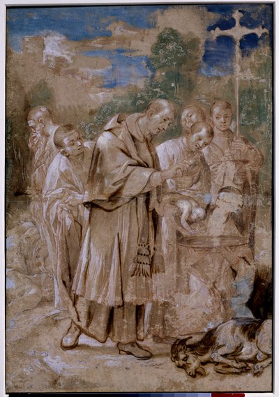 Saint Charles Borromée baptisant un enfant. Le mouton mort et les croquis de couches de corps à côté desquels un homme se bouche le nez pour ne pas respirer l