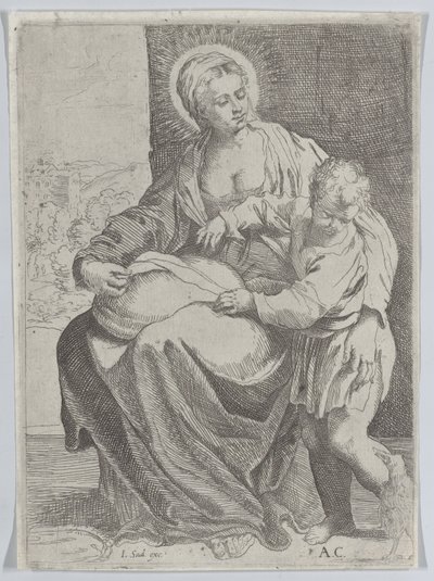 La Vierge assise tenant un oreiller sur ses genoux avec le jeune Christ debout à droite..., 1580-1600 - Annibale Carracci