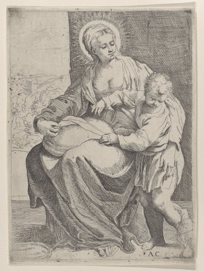 La Vierge assise tenant un coussin sur ses genoux avec le jeune Christ debout à droite, 1580-1600 - Annibale Carracci