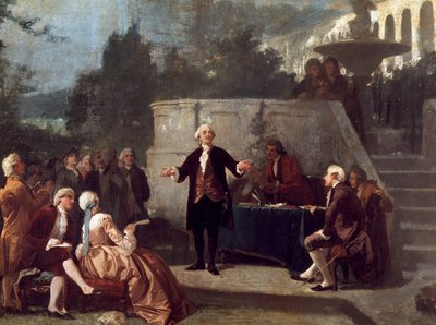 Le dramaturge italien Carlo Goldoni déclare un sonnet devant les membres de la Colonia Alfea dans le jardin Scotto de Pise - Annibale Gatti