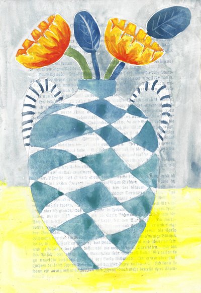 Vase à carreaux avec des fleurs orange - Annick