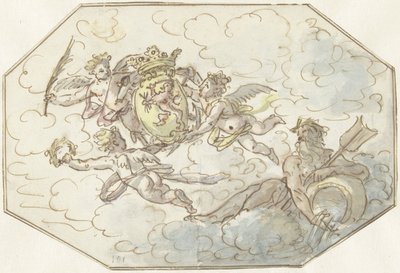 Allégorie avec putti avec arme et dieu de la rivière - Anonymous