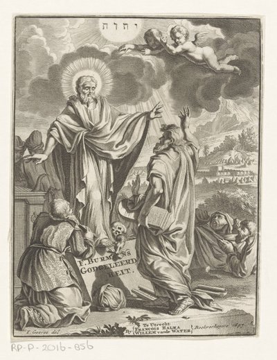 Représentation allégorique avec Christ, Moïse et figure agenouillée (Page de titre pour: Frans Burman, Godgeleerdheit, 1697) - Anonymous