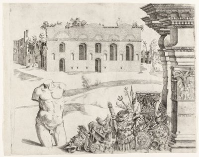 Caprice architectural avec spolia, un torse masculin et une vue sur les Thermes de Dioclétien - Anonymous