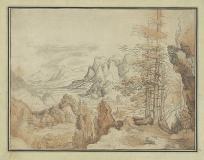 Paysage de montagne avec arbres et vue sur une vallée - Anonymous