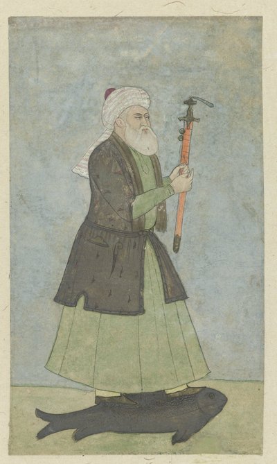 Saint Khwaja Khadir avec une épée à la main, debout sur un poisson - Anonymous