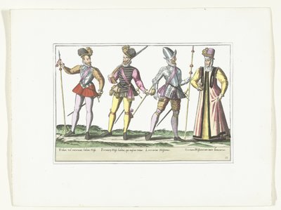 Trois militaires espagnols en uniforme et une vivandière, vers 1580 - Anonymous
