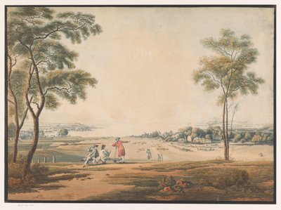 Trois figures regardant un paysage avec une mine d