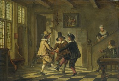 Trois hommes en costume du XVIIe siècle dansant dans une antichambre - Anonymous
