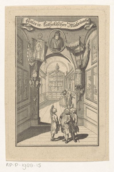 Figures dans une galerie avec portrait et objets liturgiques - Anonymous
