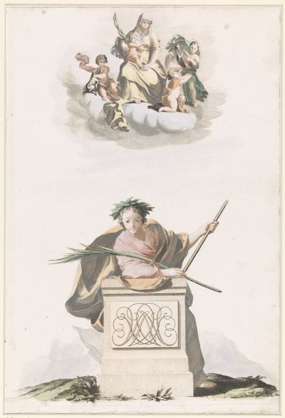 Figure appuyée sur un pilier de pierre avec des initiales et Marie sur les nuages - Anonymous