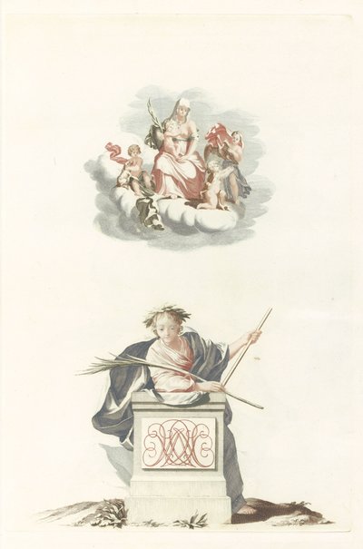 Figure appuyée sur un pilier de pierre avec initiales et Marie sur les nuages - Anonymous