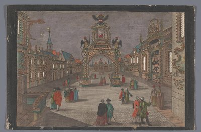Vue sur une arche de triomphe avec un aigle bicéphale et un buste de Joseph II, empereur allemand, à Francfort-sur-le-Main - Anonymous