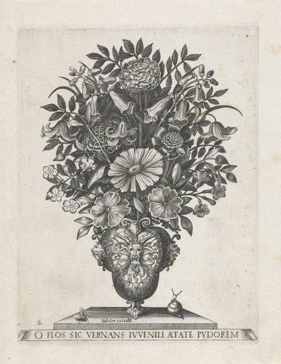 Vase grotesque avec trois mascarons (Vases avec fleurs) - Anonymous