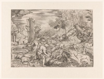 Berger avec troupeau de moutons - Anonymous