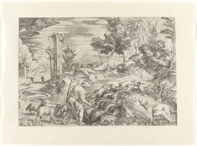 Berger avec troupeau de moutons - Anonymous