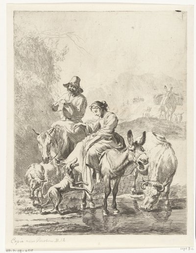 Bergère sur un âne et berger à cheval traversant un ruisseau - Anonymous