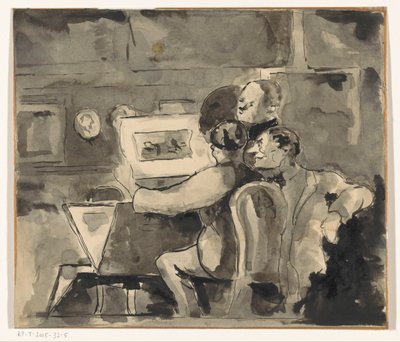 Intérieur avec trois hommes regardant une gravure - Anonymous