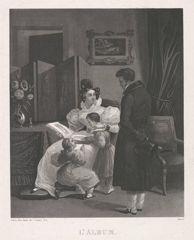 Intérieur avec une famille regardant un album de gravures - Anonymous