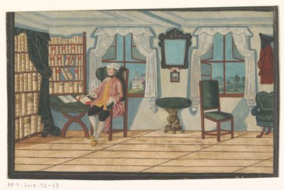 Intérieur avec un homme devant une bibliothèque - Anonymous