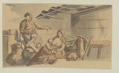 Intérieur avec deux femmes nourrissant, deux enfants, un homme et un chat - Anonymous
