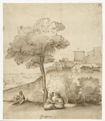 Paysage italien avec quelques figures sous un arbre - Anonymous