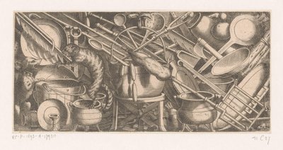 Scène de cuisine avec un chat et un chien se battant - Anonymous