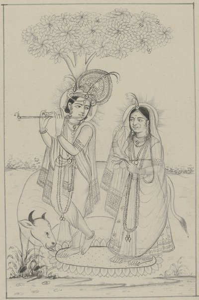 Krishna jouant de la flûte et Radha - Anonymous