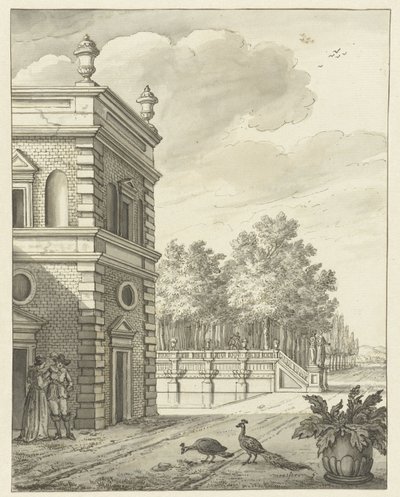 Manoir avec étang et deux paons - Anonymous