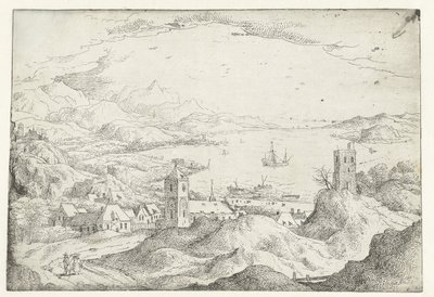 Paysage avec large rivière et village - Anonymous