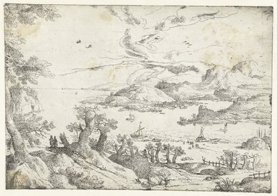 Paysage avec large rivière entre collines - Anonymous