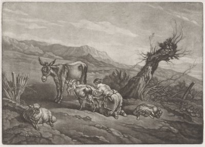 Paysage avec une bergère trayant une chèvre - Anonymous