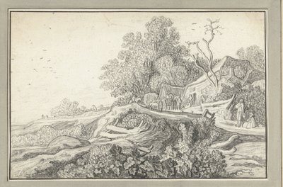 Paysage avec une charrette et des personnages près d