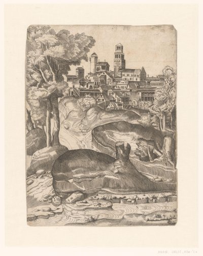 Paysage avec une rivière et une ville sur une colline - Anonymous