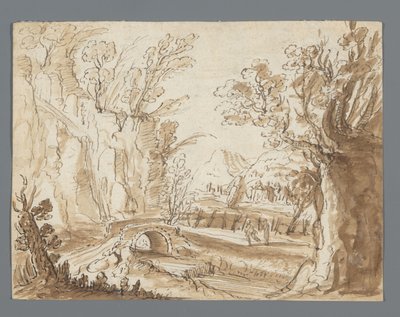 Paysage avec deux figures sur un chemin devant un pont en pierre - Anonymous