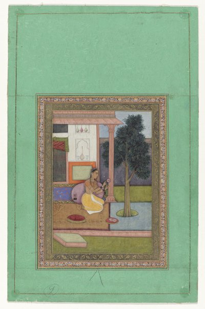 Malavashri ragini, femme agenouillée avec une fleur de lotus devant une maison - Anonymous