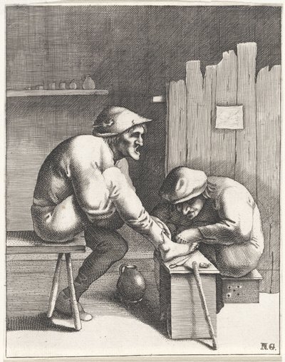 Homme soignant un paysan à son pied - Anonymous