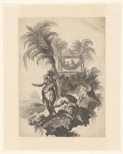 Homme et femme avec coiffe de plumes dans un paysage - Anonymous