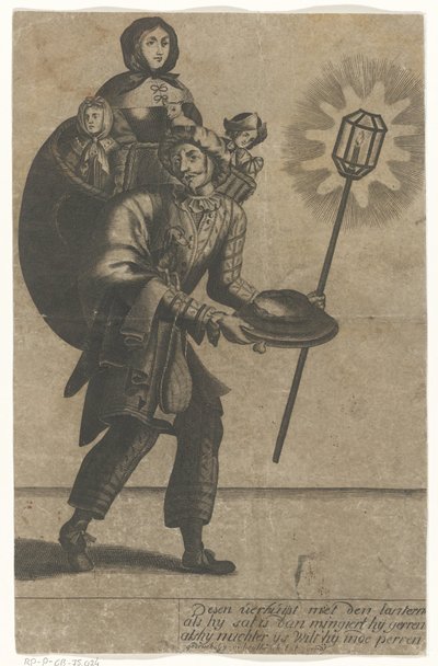 Homme avec une lanterne et sa famille dans un panier sur son dos - Anonymous