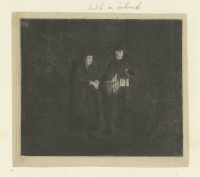 Homme avec une lanterne guidant un vieil homme ou un aveugle dans la nuit (Recueil de quatre-vingt-cinq estampes originales) - Anonymous