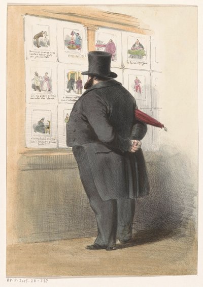 Homme devant une vitrine avec des estampes - Anonymous