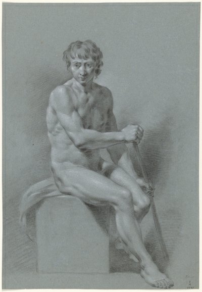 Nu masculin assis sur un bloc, un bâton dans chaque main (ramant ?) - Anonymous