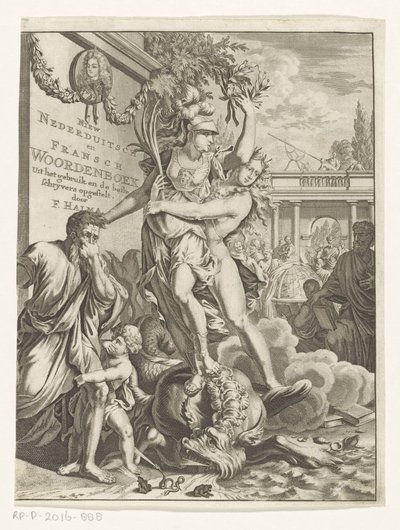 Minerva piétinant un monstre marin crachant du feu (Titrepage pour: François Halma, Woordenboek der Nederduitsche en Fransche taalen, 1710) - Anonymous