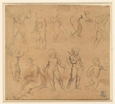Neuf études de putti et une femme assise à gauche - Anonymous