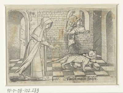 Nonne offrant un poisson à un chat en échange d