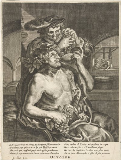 Octobre : Bacchus buvant du vin - Anonymous