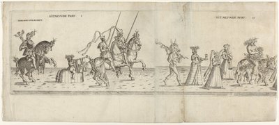 Défilé avec des personnages déguisés, y compris le cavalier Bernhart von Ahren, un âne avec une broche, Janus, Bacchus sur un âne et deux musiciens - Anonymous