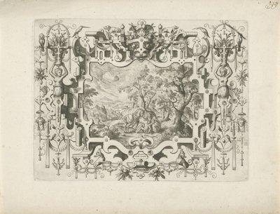 Encadrement ornemental avec figures et paysage du Bon Samaritain - Anonymous
