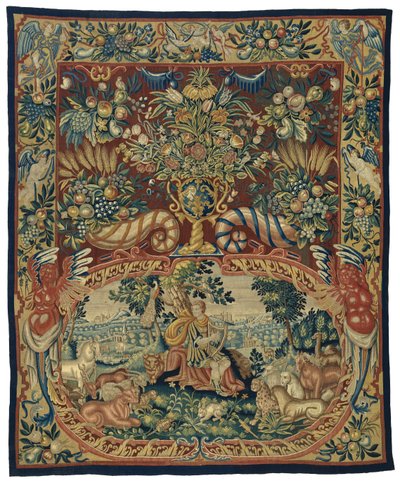 Orphée avec les animaux, dans une cartouche et un décor avec vase de fleurs et cornes d